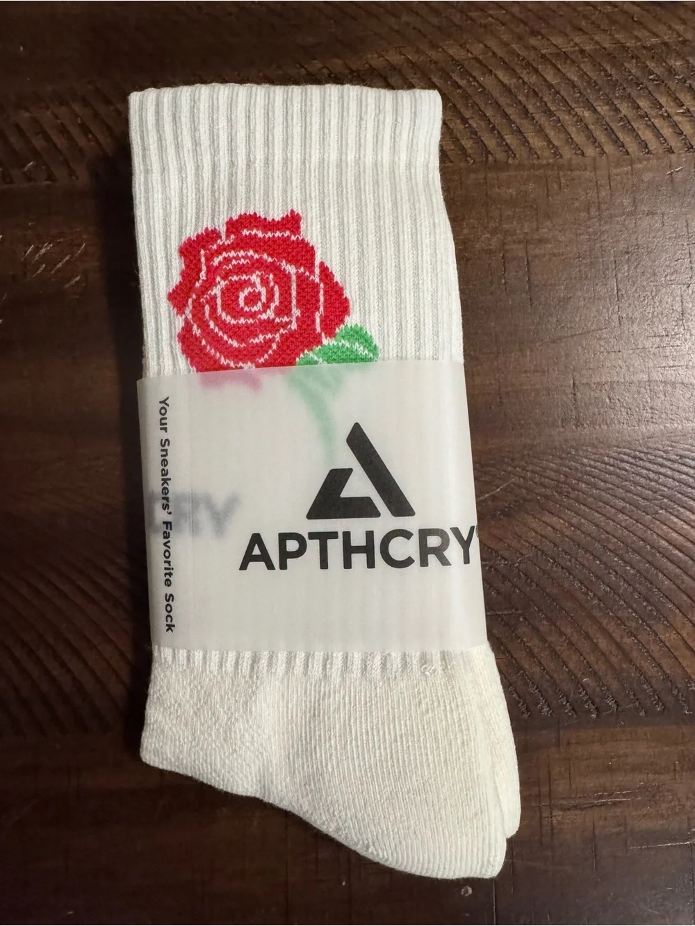 APTHCRY Men's White Crew Socks with Red Rose Accent